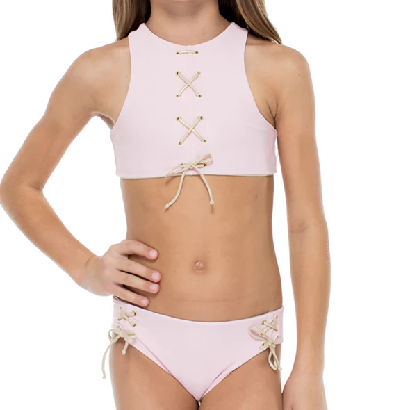 LA CORREDERA - Eyelets Lace Up High Neck Top Bikini