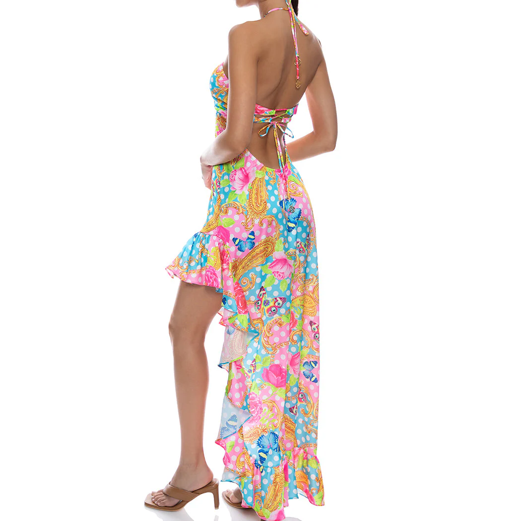 SHE'S CUTE - Drawstring Halter Asymmetrical Ruffle Dress - Image 2