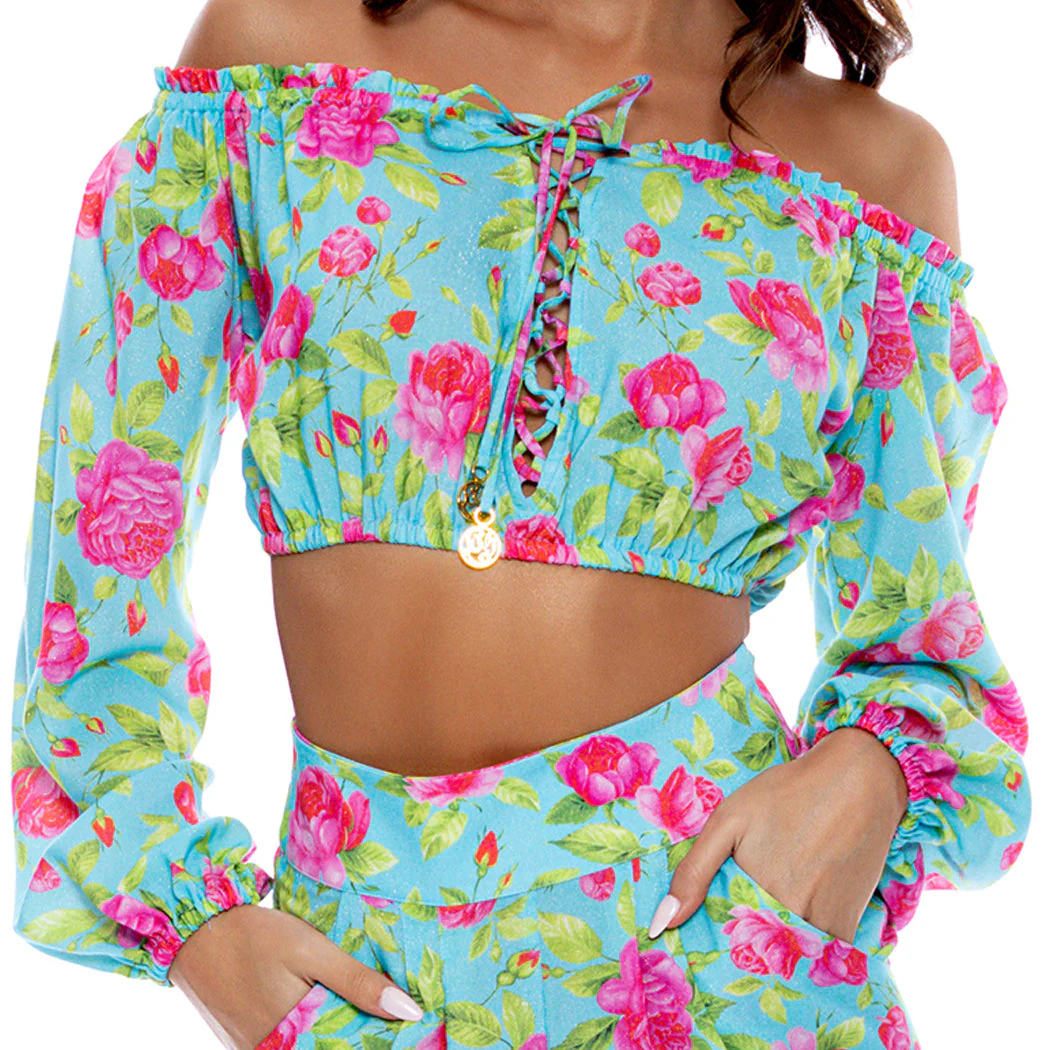TI AMO - Ruffle Laced Up Open Shoulders Crop Top - Image 3