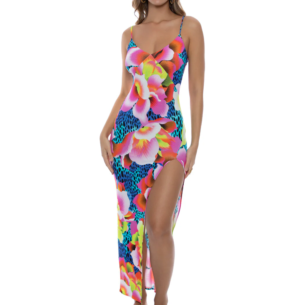 TROPICAL ILLUSIONS - Fitted Side Slit Maxi Dress