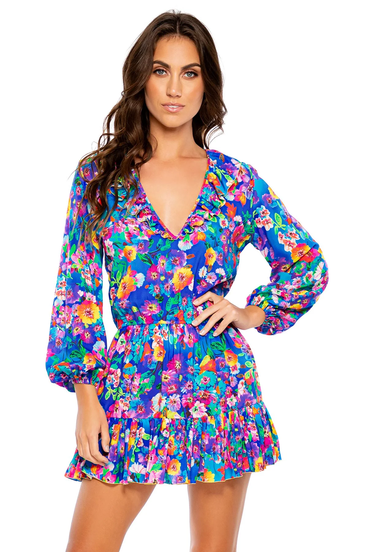 WATER BLOSSOMS - Ruffled Deep V Frill Hem Dress - Image 5